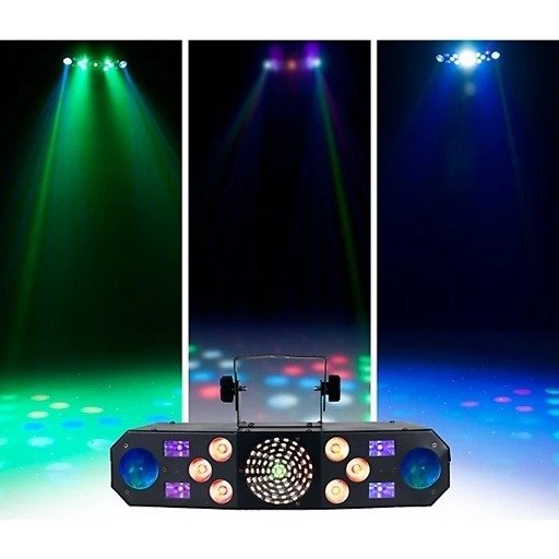 Eliminator Lighting Furious Five RG five-in-one effect fixture with its strobe, wash, moonflower and laser effects shown