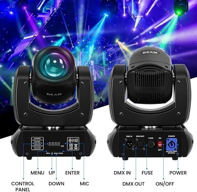 MINGJIE 120 W moving head beam light, front and rear panel views