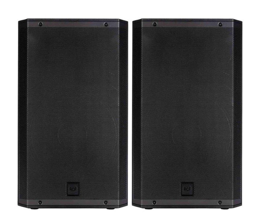 Pair of RCF ART 915-A two-way powered PA speakers, front view