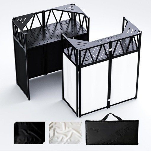 RDCMKL foldable double-deck DJ facade booth shown with black and white scrim panels and carry bag