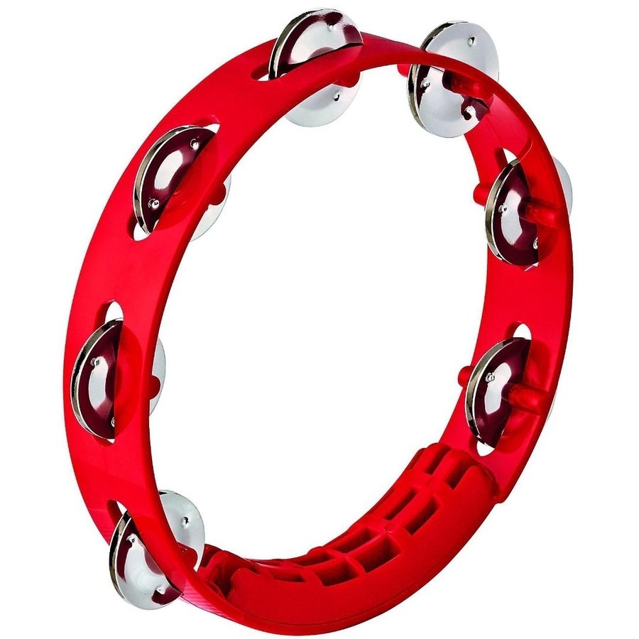 Red single-row jingle tambourine with molded hand grip