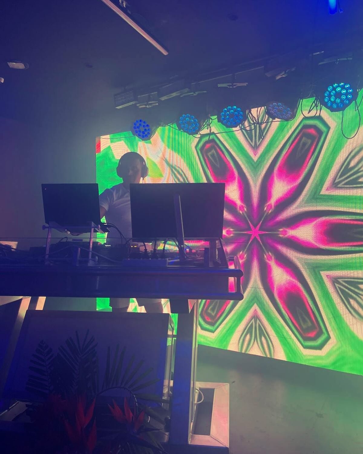 DJ Alphire mixing on stage with a large kaleidoscopic visual display behind him.