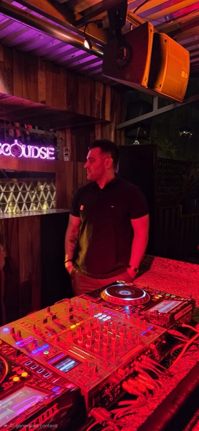 DJ Alphire performing in a bar with Pioneer DJ and purple stage lighting